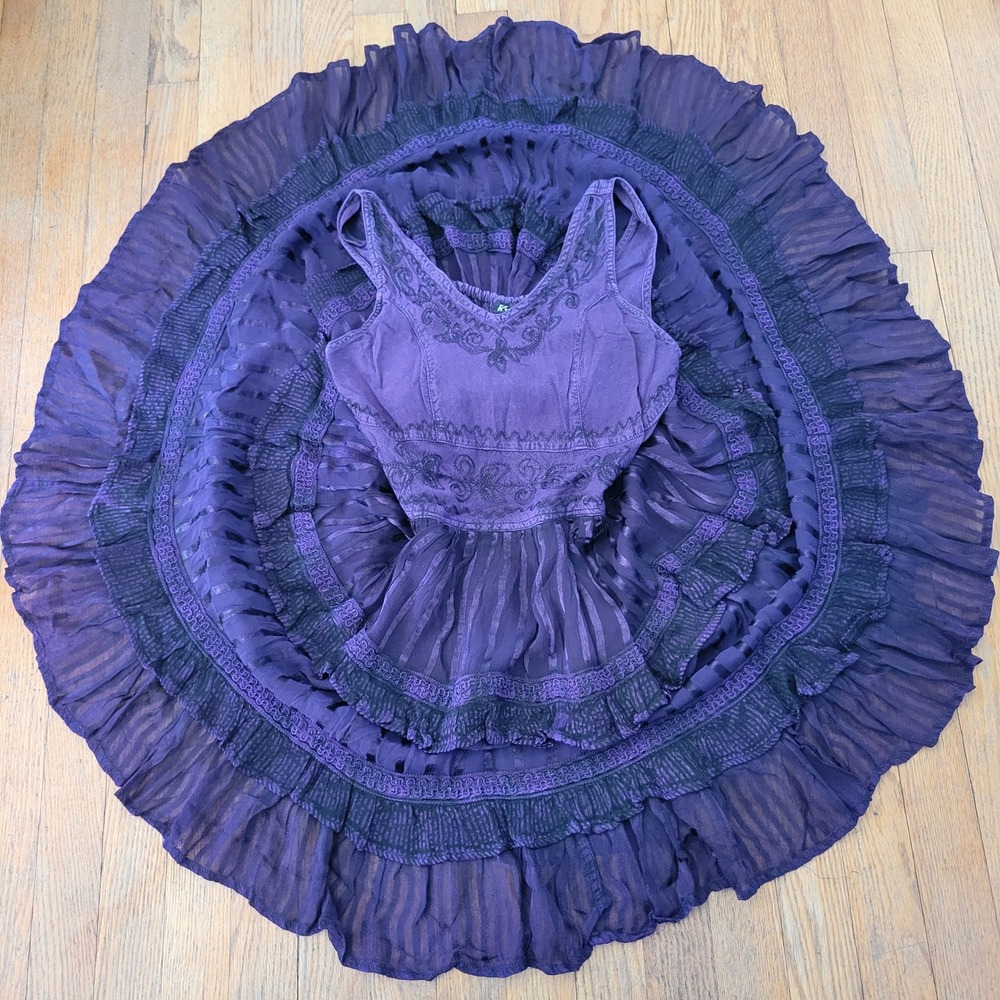 Kirat S/M Tiered Ruffle Dress Purple Embroidered Boho Smocked Grunge Dark Fairy